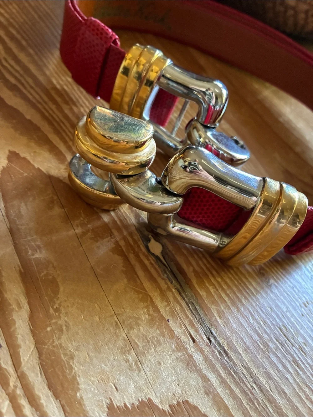 Vintage 80’s Alexis Kirk Red Snakeskin Leather Gold Silver Buckle Leather Belt